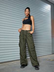 Drawstring Waist Flap Pocket Side Wide Leg Cargo Pants - Army Green - View 3