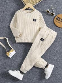 SHEIN 男小童字母補丁細節衛衣和衛褲 - 杏色 - 查看 1