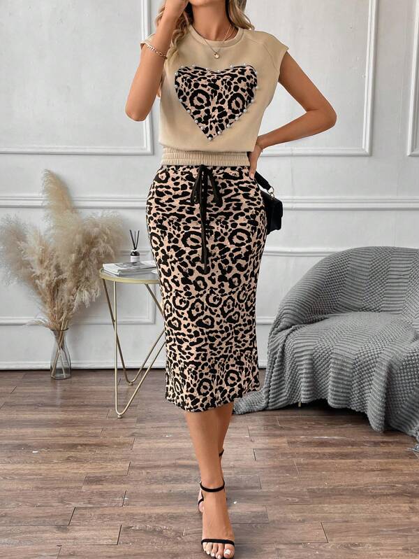SHEIN LUNE Leopard Print Top & Drawstring Waist Skirt