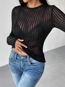 SHEIN Essnce Solid Sheer Slim Fit Sweater Without Bra - Black - View 3