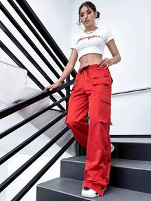 Pantalones cargo con bolsillo con solapa de cintura con cordón - Rojo - Ver 4