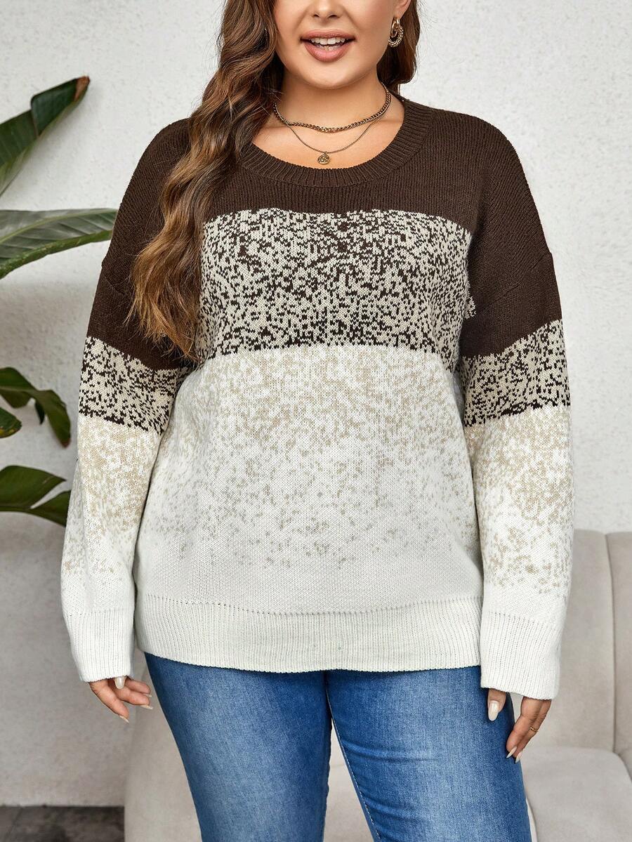 Plus Color Block Drop Shoulder Sweater - Multicolor - View 1