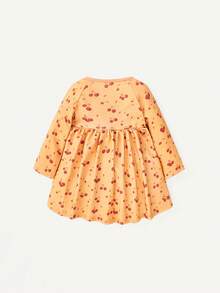 Cozy Pixies 女嬰櫻桃圖案圓領泡泡袖洋裝帶荷葉邊和彈性腰帶 - 彩色 - 查看 2