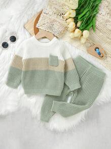 SHEIN Bébé Garçon Pull À Blocs De Couleurs Avec Poche & Pantalon En Tricot