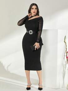 Modelyn Cotton Asymmetrical Neck Contrast Mesh Bodycon Dress Without Belt