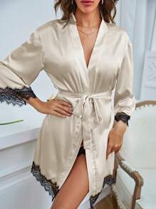 3 piezas top de tirantes con encaje con shorts de satén con bata con cinturón - Champán - Ver 1