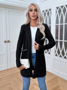 SHEIN Essnce Chất rắn Chi tiết bưu chính Mở Mặt trước áo - màu đen - Xem 5