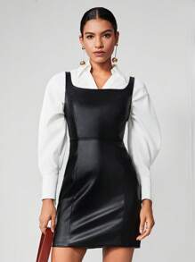 Maija Solid PU Leather Dress Without Chain Belt - Black - View 6