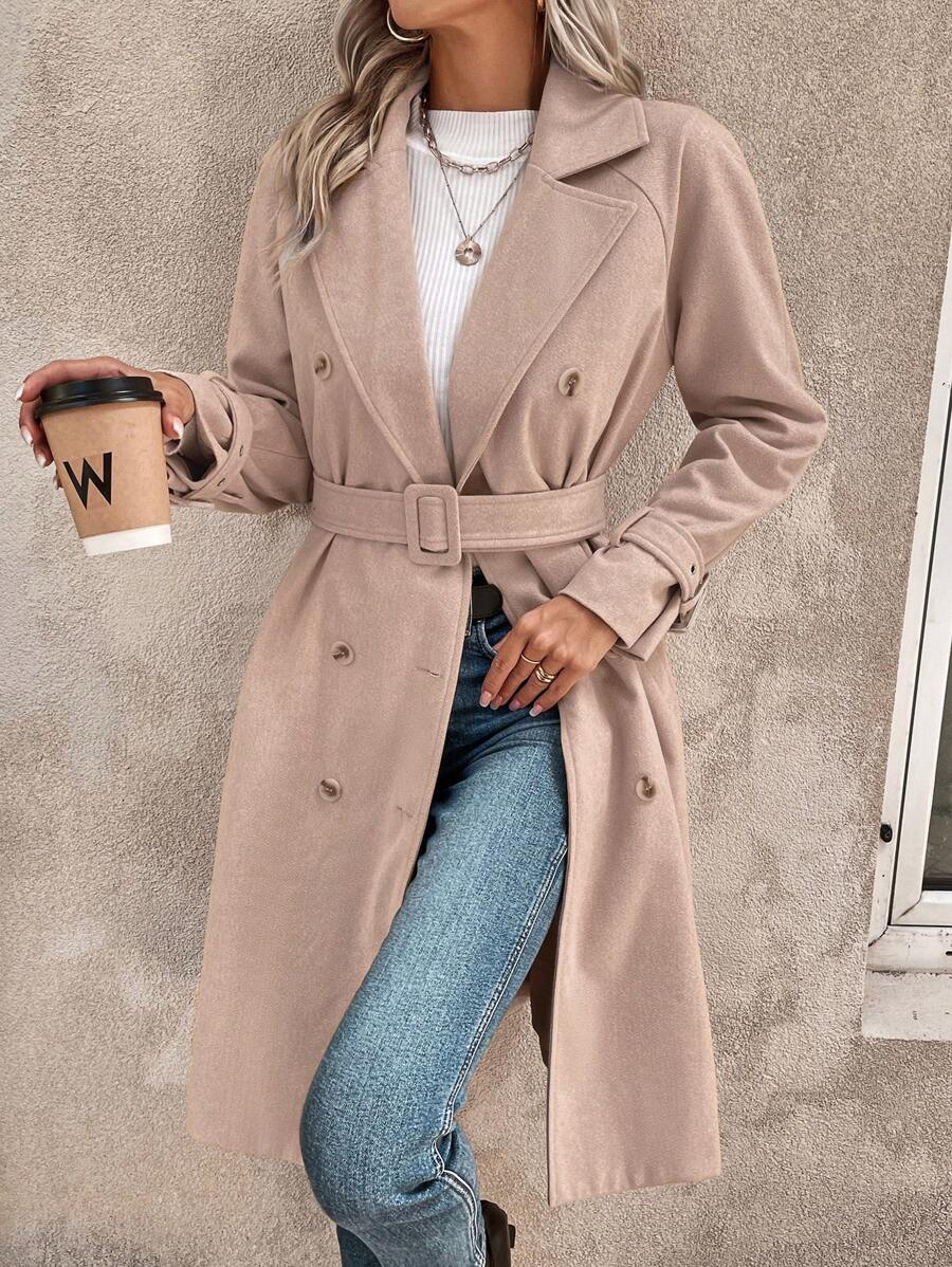 SHEIN LUNE Abrigo de cuello con solapa de doble botonadura con cinturón - Caqui - Ver 1