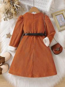 SHEIN Young Girl Contrast Collar Puff Sleeve Belted Dress - Rust Brown - View 2
