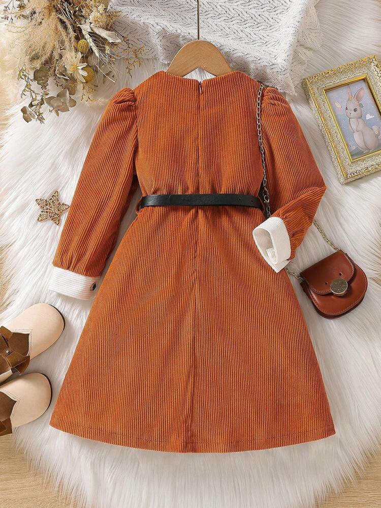 Young Girl Contrast Collar Puff Sleeve Belted Dress