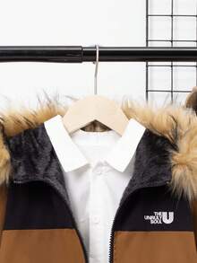 SHEIN Tween Boy 1pc Letter Graphic Fuzzy Trim Hooded Thermal Lined Coat - Brown - View 7