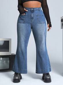 SHEIN ICON Plus Flare Leg Jeans - Medium Wash - View 1
