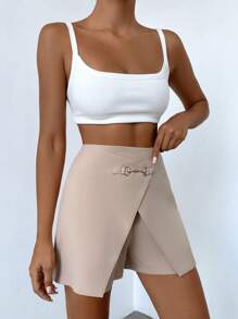 SHEIN Cottnline Chain Detail Wrap Front Shorts - Khaki - View 1