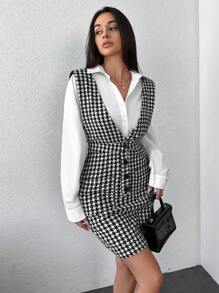 EURMUSE Houndstooth Print Overall Dress Without Blouse - Black - View 3