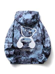 Men Long Sleeve Letter Graphic Drawstring Rave Hooded Jacket, Fall