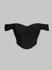 SHEIN MOD Talla grande Top de hombros descubiertos fruncido de malla - Negro - Ver 1