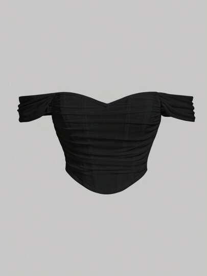 SHEIN MOD 大碼一字肩褶邊網紗上衣