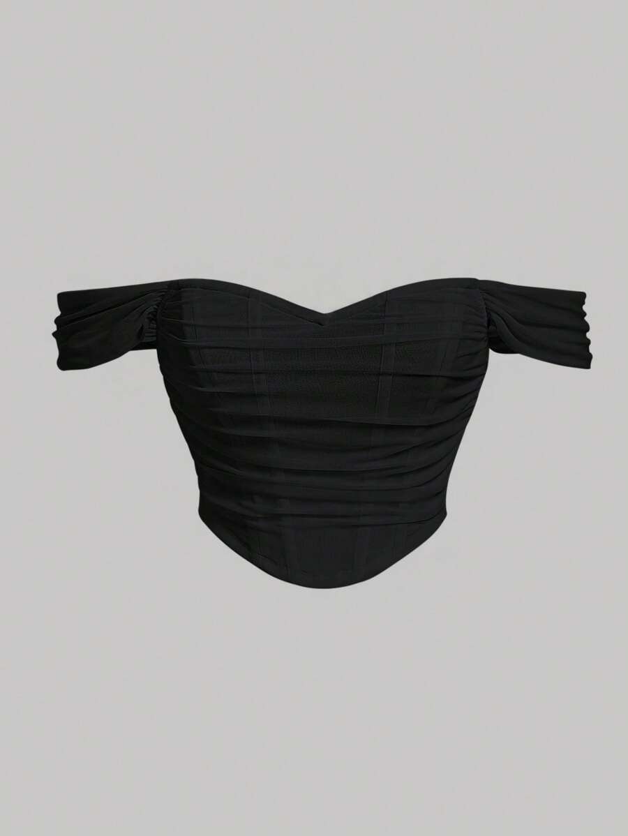 SHEIN MOD Talla grande Top de hombros descubiertos fruncido de malla - Negro - Ver 1