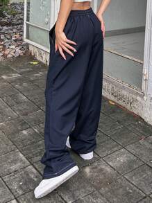 DAZY Khâu trên cùng Eo đàn hồi Quần ống rộng - Màu xanh hải quân - Xem 2