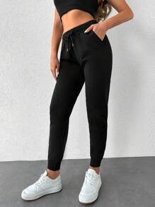 EURMUSE Drawstring Waist Slant Pocket Sweatpants - Black - View 4