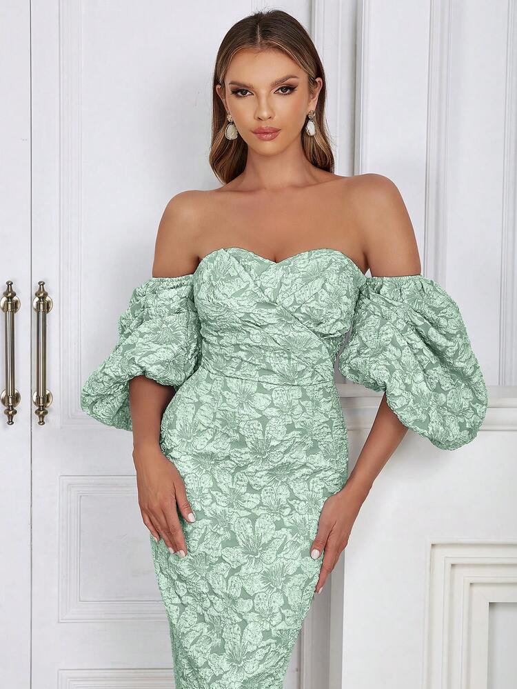 Off Shoulder Puff Sleeve Split Back Floral Jacquard Dress Summer Elegant