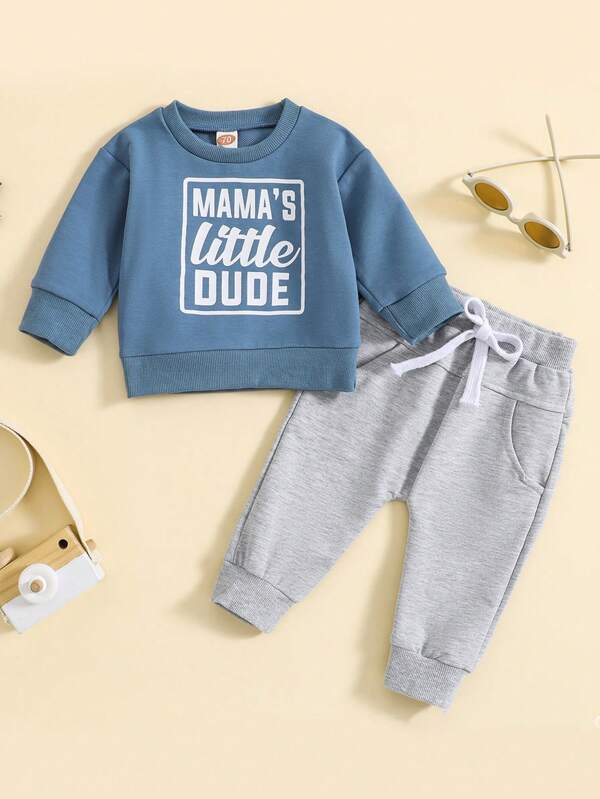 Baby Boy Letter Graphic Pullover & Knot Front Sweatpants