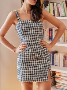 SHEIN Frenchy Allover Print Split Hem Cami Dress Summer Elegant Evening Dress - Black and White - View 1