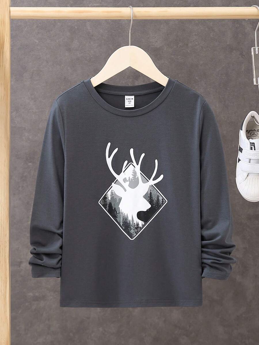 SHEIN 青少年男孩宽松学院风图案圆领长袖休闲舒适 T 恤 - 深灰色 - 查看 1