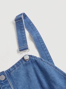 SHEIN MOD 前紐扣荷葉邊牛仔吊帶連衣裙 - 中等水洗藍 - 查看 4