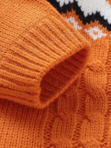 Baby Girl Halloween Pumpkin Pattern Cable Knit Jumpsuit - Orange - View 4