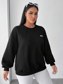 SHEIN EZwear Hơn Thư được vá Thả vai Áo nỉ - màu đen - Xem 3