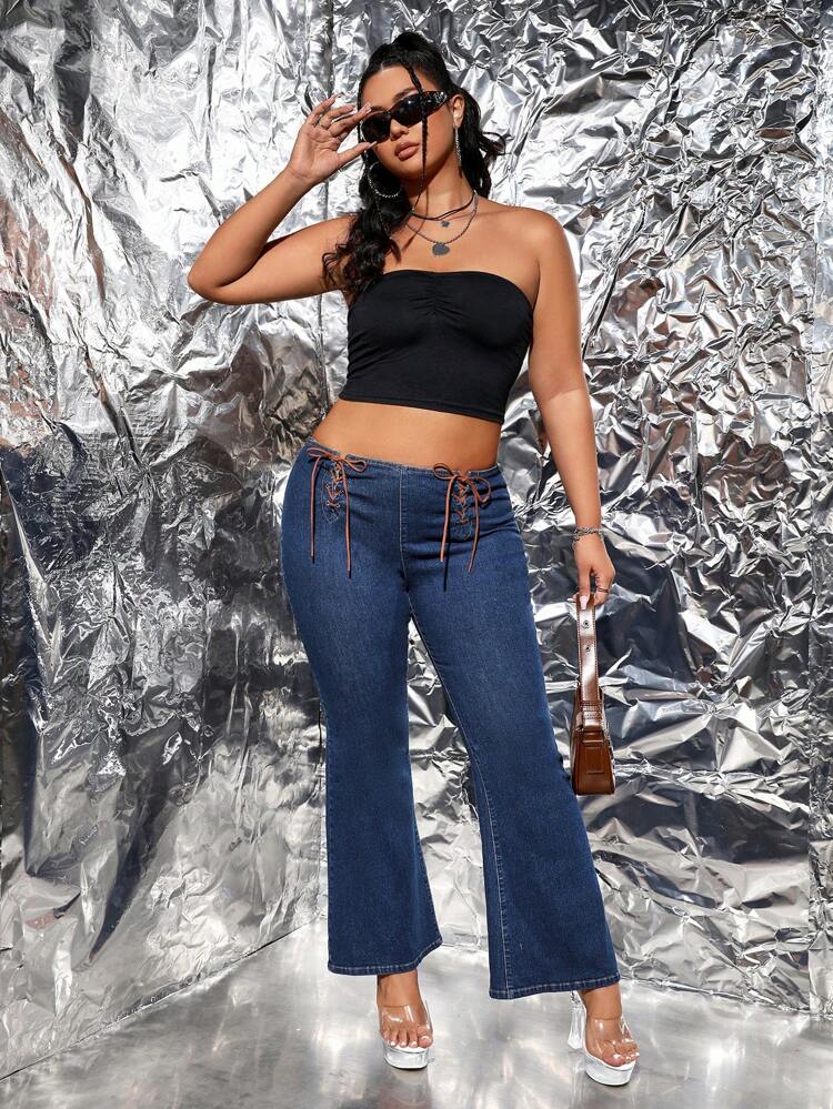 Plus Lace Up Front Flare Leg Jeans