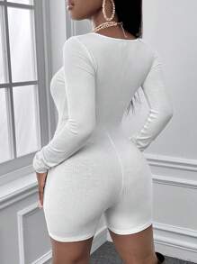 Slaydiva Scoop Cổ Đồ đan Ribbed Quần áo nịt Romper - trắng - Xem 2