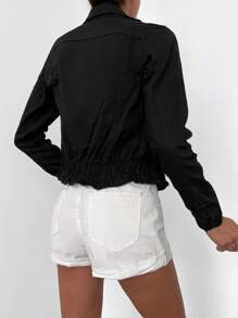 EURMUSE Flap Pocket Raw Hem Denim Jacket - Black - View 2