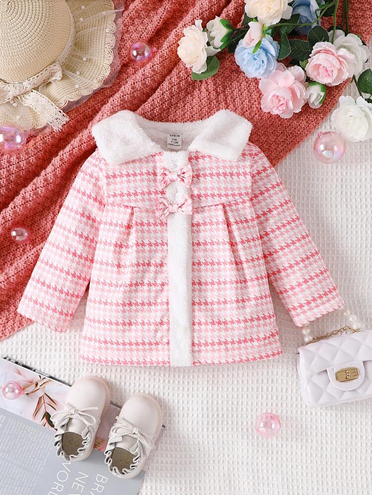Baby Girl Houndstooth Print Borg Collar Bow Front Coat