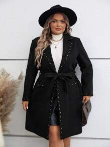 SHEIN Clasi Plus Studded Detail Belted Overcoat - Black - View 6