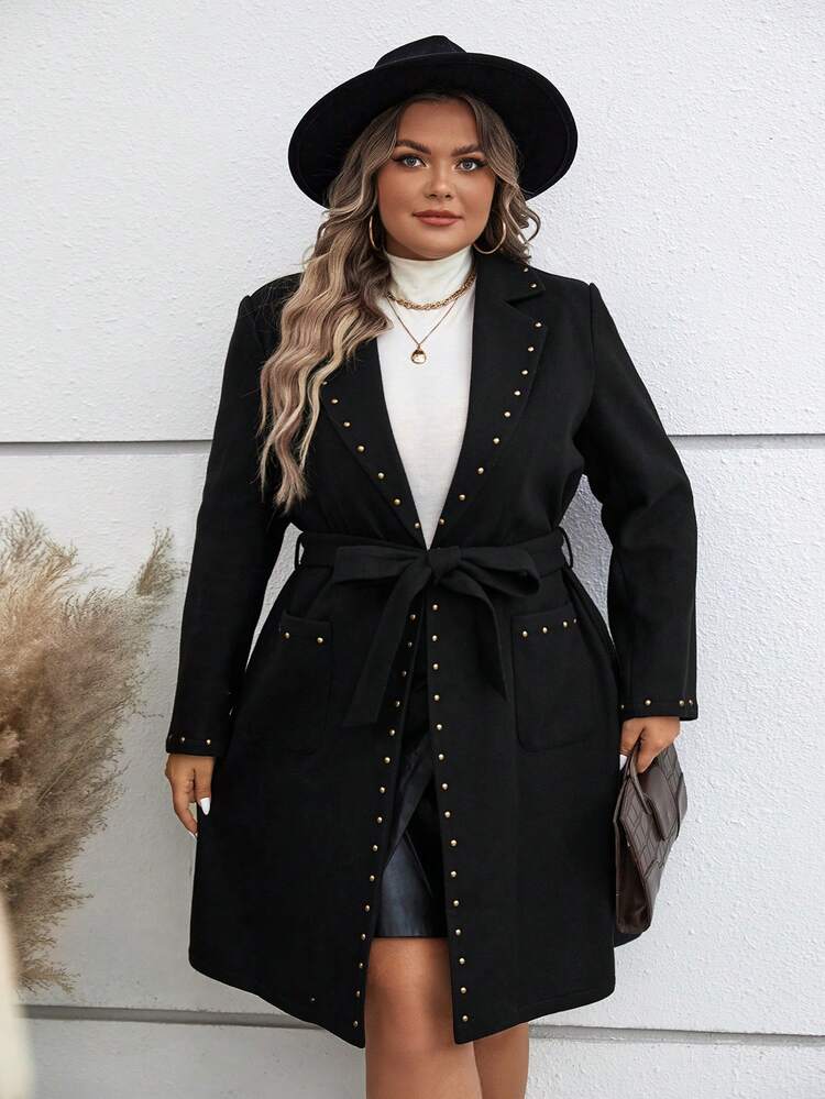 Plus Studded Detail Belted Overcoat