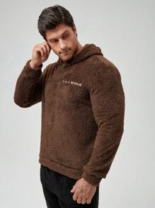 男士字母刺繡絨毛連帽休閒服上裝 - 咖啡棕 - 查看 4