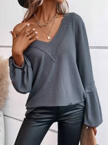 SHEIN LUNE Chất rắn Tay áo lồng đèn Dệt kim Waffle Áo nỉ - Xám - Xem 1