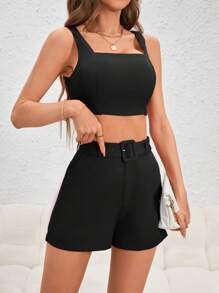 SHEIN Privé Solid Crop Tank Top & Belted Shorts