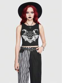 ROMWE Goth Bat Moon Print Tank Top - Black - View 2