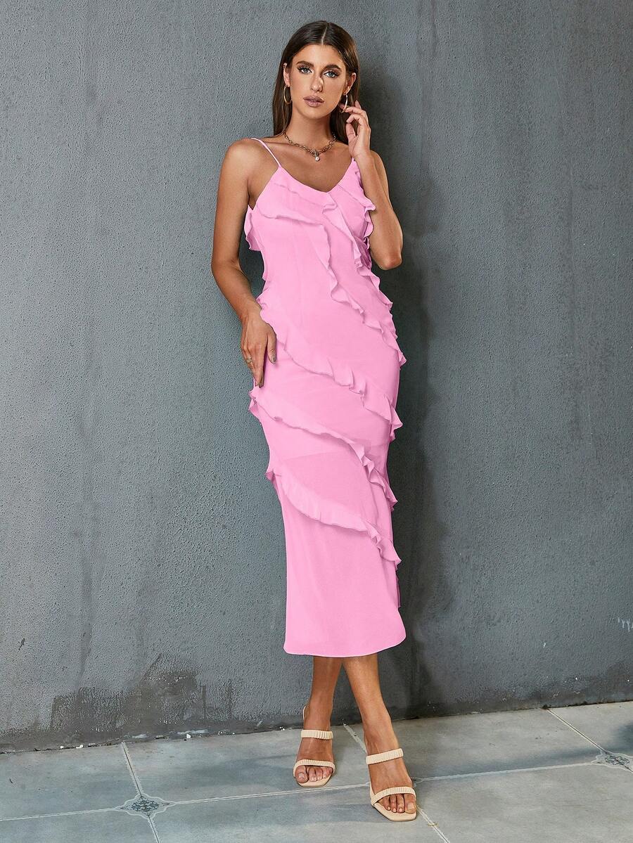 Ruffle Trim Cami Dress - Pink - View 1