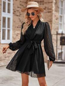 Solid Mesh Overlay Belted Dress - Black - View 5