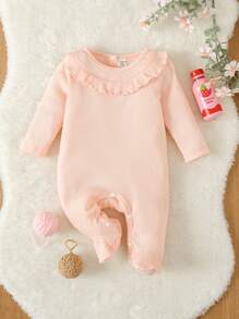 Baby Girl Ruffle Trim Ribbed Knit Jumpsuit - Pink - View 1
