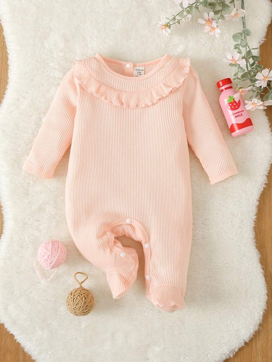 Baby Girl Ruffle Trim Ribbed Knit Jumpsuit - Pink - View 1