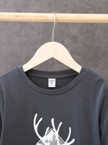 SHEIN 青少年男孩宽松学院风图案圆领长袖休闲舒适 T 恤 - 深灰色 - 查看 4