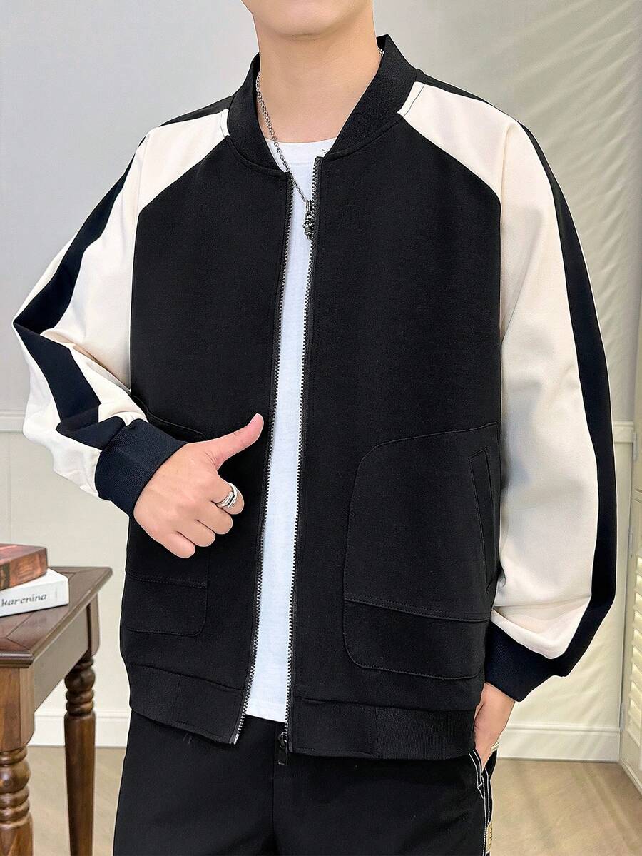 Hombres Cazadora tipo bomber de color combinado de manga raglán - Negro - Ver 1