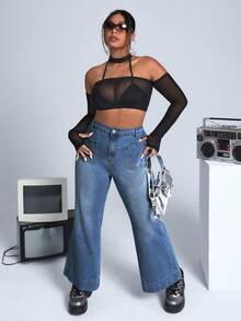 SHEIN ICON Plus Flare Leg Jeans - Medium Wash - View 3