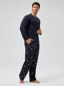 Men Graphic Print PJ Set / Pajama Set, Fall Clothes - Navy Blue - View 4